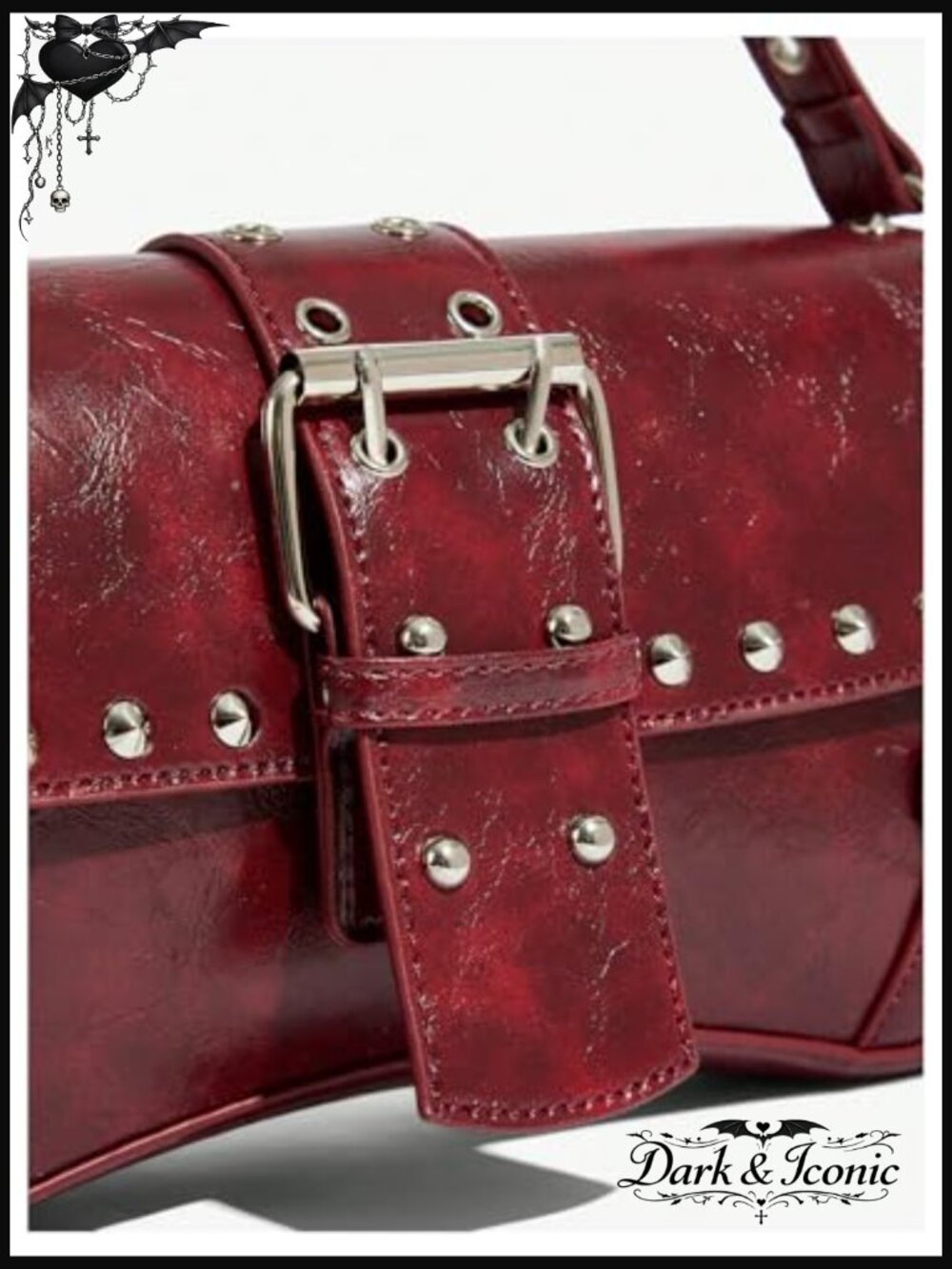 Studded Leather Shoulder Bag with Flap Buckle Closure and Top Handle - Picture 6 of 7